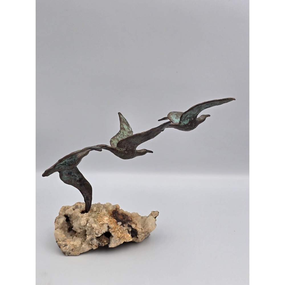 1960s C Jere Artisan House Birds In Flight Geode Base Copper Sculpture, Signed